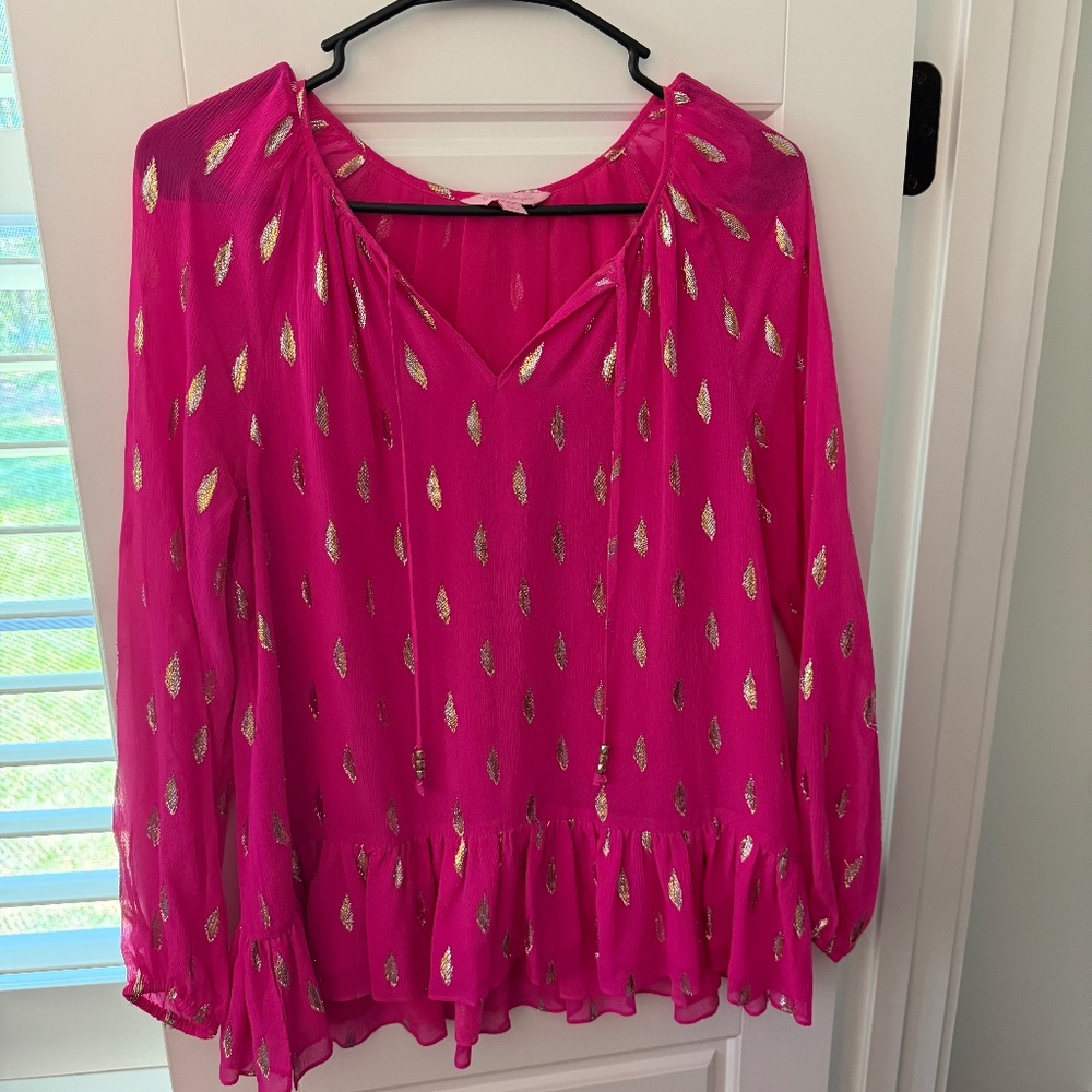 Lilly Pulitzer Metallic Peasant Blouse | XS | Pink & Gold Foil